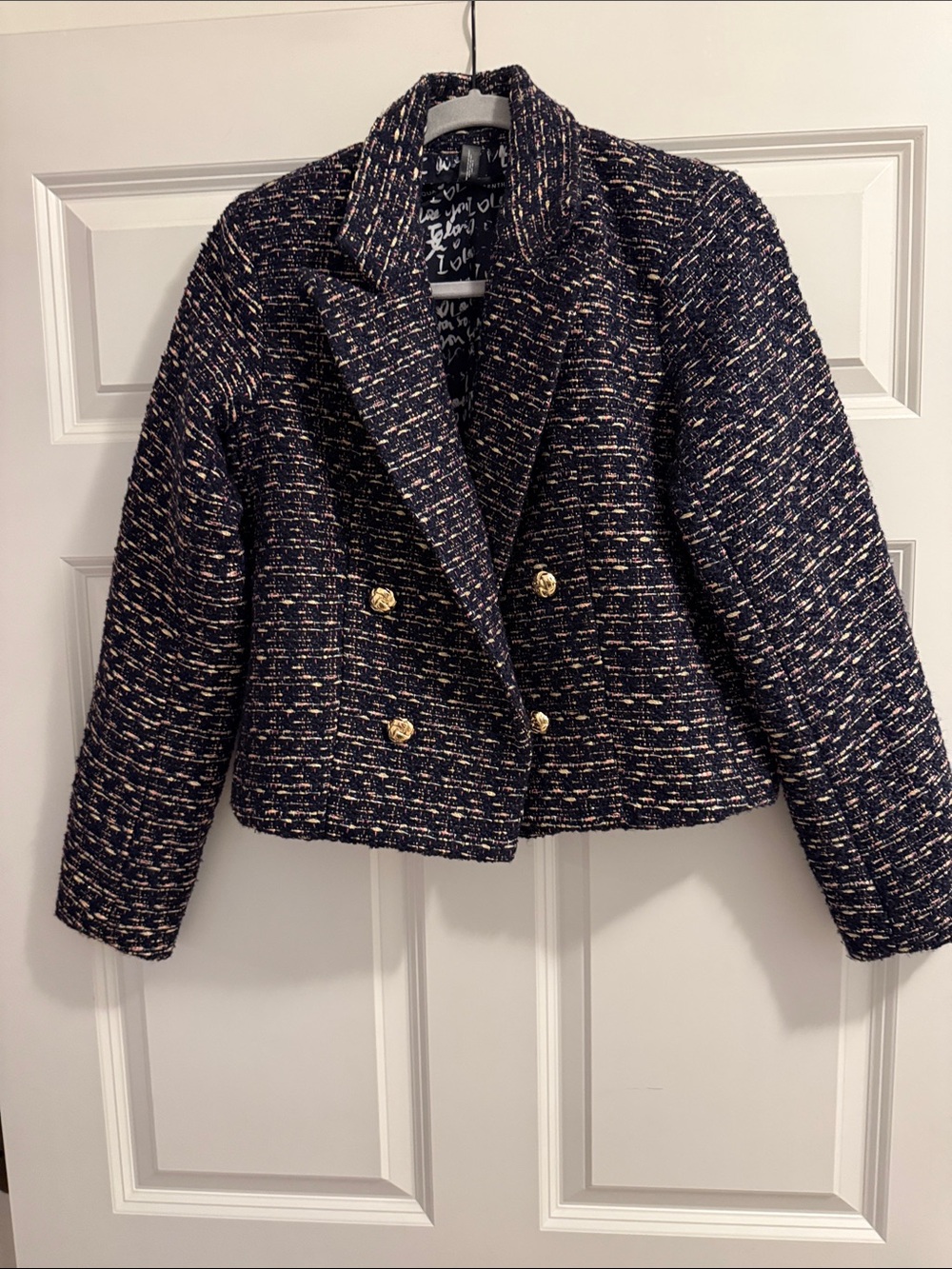 Aqua Navy Tweed Double-Breasted Cropped Blazer with Gold Buttons